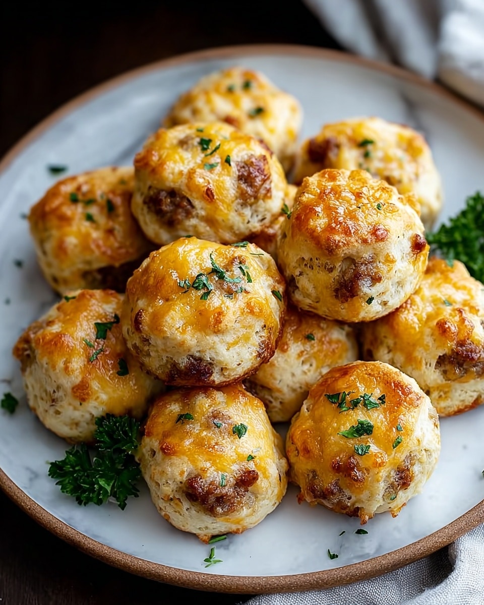 A round white plate holds about a dozen small baked biscuit balls filled with browned sausage. Each biscuit has a golden, slightly crispy top with melted cheese and is sprinkled with small bits of fresh green parsley. The biscuits have a textured, flaky outside with light browning, showing the cooked sausage inside in some spots. The plate sits on a white marbled surface, and the background is softly blurred. photo taken with an iphone --ar 4:5 --v 7