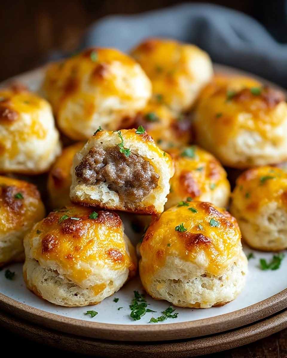 A round white plate holds about a dozen small biscuit-like balls, each with two visible layers: the base layer is a light, fluffy biscuit dough in pale golden brown, and the top layer is melted cheddar cheese baked to a rich golden color with some darker browned spots. Inside the biscuit dough layer is a filling layer of cooked sausage meat, slightly coarse and brown with some visible texture. Small bits of chopped green garnish are sprinkled over the top, adding a touch of color contrast to the golden tones. Photo taken with an iphone --ar 4:5 --v 7