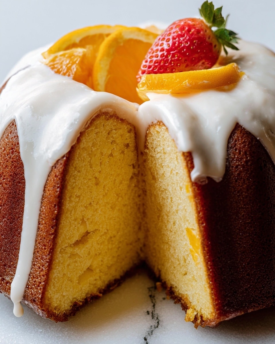 A bundt cake with one thick slice cut out is shown on a white marbled surface. The cake has two visible layers: a golden yellow soft interior and a dark brown golden crust. The top is covered with smooth white icing that drips slightly down the sides. On top of the icing are two fruit pieces, one bright orange triangular slice and one half of a red strawberry with green leaves. The texture of the cake looks light and moist with a fine crumb. Photo taken with an iphone --ar 4:5 --v 7