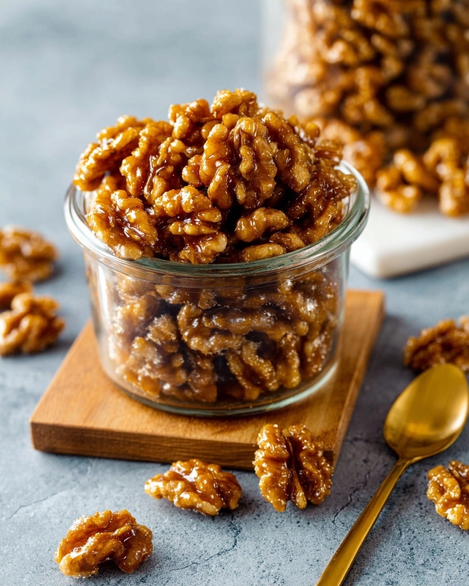 A clear glass jar filled to the top with shiny caramelized walnuts, showing a rich golden brown color and a slightly sticky texture. The jar sits on a light wooden board with a smooth surface, against a blurred background where more walnuts are visible. A few caramelized walnut pieces are scattered near the jar on a white marbled surface. The focus is on the detail and glossiness of the caramel coating on the walnuts, with warm lighting enhancing their texture. photo taken with an iphone --ar 4:5 --v 7