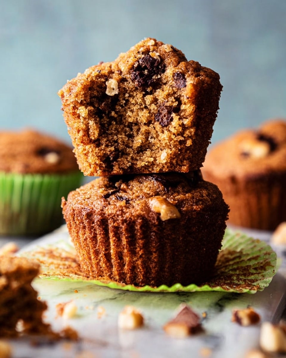 The image shows two pieces of a brown muffin stacked on top of each other, with the top piece broken in half to reveal its dense, moist texture filled with dark chocolate chips and small nut pieces. The muffin rests on a green paper liner, crinkled and partly open, placed on a white marbled surface. In the background, there are blurred whole muffins and crumbs scattered loosely around, giving a cozy, homemade feel. The colors are warm with shades of golden brown and dark chocolate. photo taken with an iphone --ar 4:5 --v 7