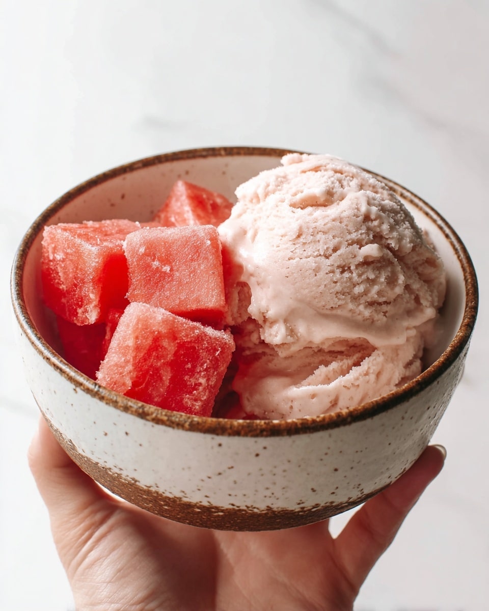 A close-up image shows a rustic bowl held by a woman's hand, filled with one scoop of pale pink ice cream that looks creamy and slightly textured. On the left side of the ice cream, there are three bright red watermelon cubes with a frosty surface, sitting on top of the ice cream. The bowl is white with a brown rim and speckled pattern, giving it a natural, earthy look. The background is a simple white marbled texture. Photo taken with an iphone --ar 4:5 --v 7
