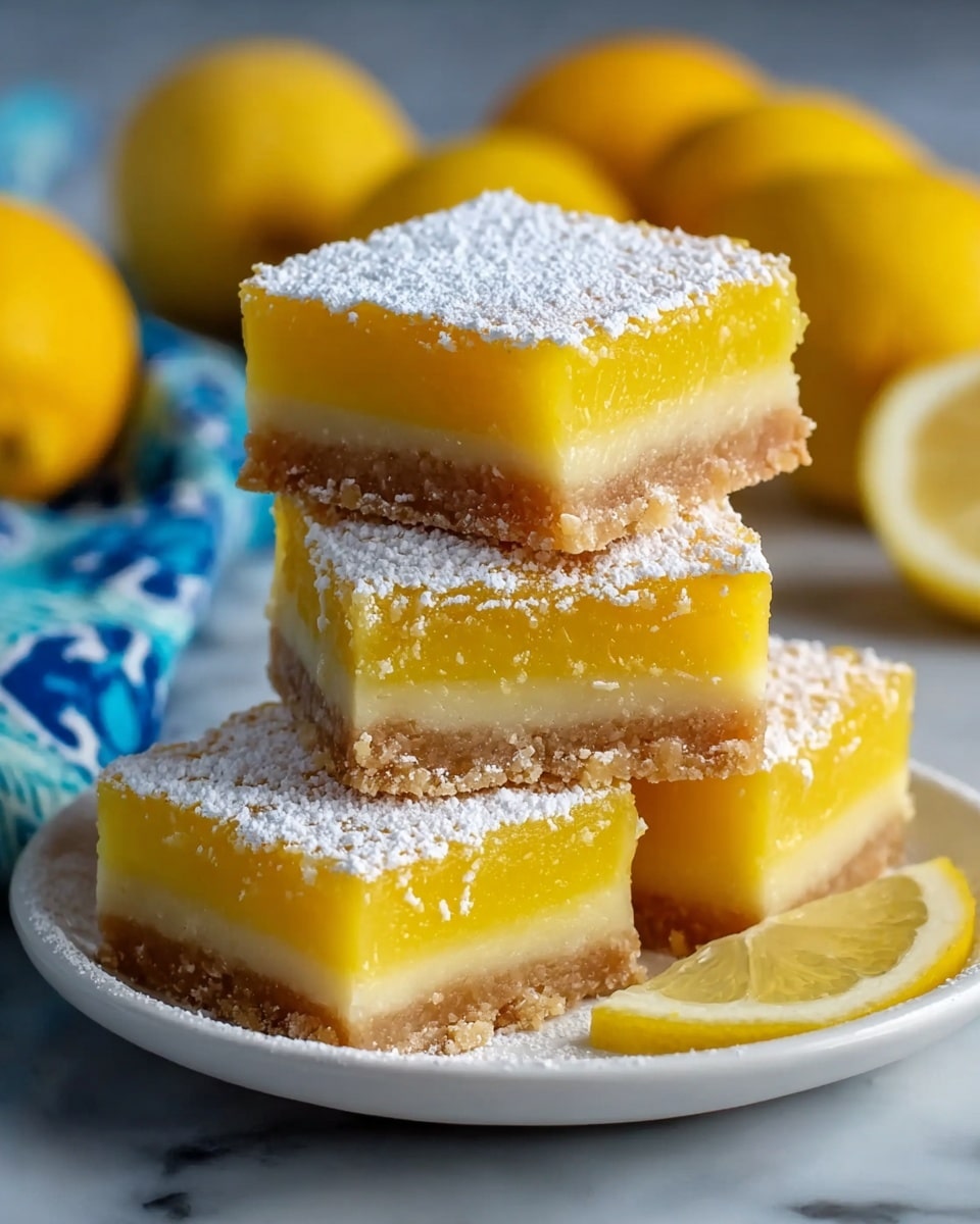 A white plate holds a stack of four lemon bars arranged in a pyramid shape on a white marbled surface. Each lemon bar has three layers: a crumbly light brown crust at the bottom, a smooth pale yellow middle layer, and a bright yellow lemon topping layer. The top of each bar is dusted with powdered sugar, creating a light white powdery texture. In the background, there are whole lemons and lemon slices, with a slightly blurred blue patterned cloth adding a splash of color. The photo taken with an iphone --ar 4:5 --v 7