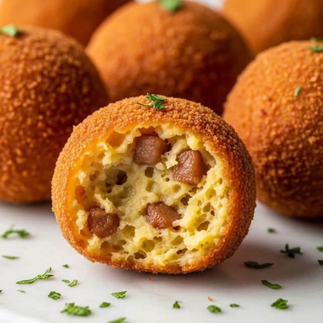 The image shows several golden-brown crispy fried balls with a rough outer crust. One ball is broken open at the front, revealing a soft, light yellow interior mixed with small dark brown bits scattered inside. The balls are placed on a white marbled surface with small green herb pieces around them, adding a fresh touch to the scene. The colors focus on warm golden browns and light yellows with a contrast of green herbs. photo taken with an iphone --ar 4:5 --v 7