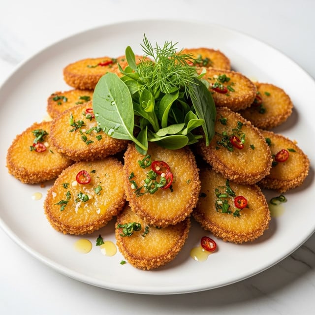 A white plate holds a pile of golden-brown fried slices, each coated with a crispy texture and sprinkled with finely chopped green herbs and small bits of red chili. The slices are layered irregularly, some overlapping, with a glistening drizzle of oil adding shine. On top at the center, there is a small bunch of fresh green leaves and delicate sprigs of dill, adding a fresh contrast to the fried pieces. The plate rests on a white marbled surface. photo taken with an iphone --ar 4:5 --v 7