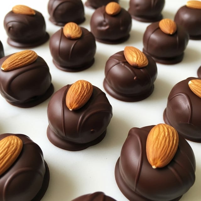 The image shows a group of dark chocolate-covered round treats arranged closely together in a tray lined with white paper. Each treat has a smooth, glossy dark brown chocolate coating that covers the entire surface with a slightly uneven texture. On the top center of each chocolate piece, there is a single whole almond, light brown in color, standing out against the dark chocolate. The background surface beneath the tray is a white marbled texture. Photo taken with an iphone --ar 4:5 --v 7