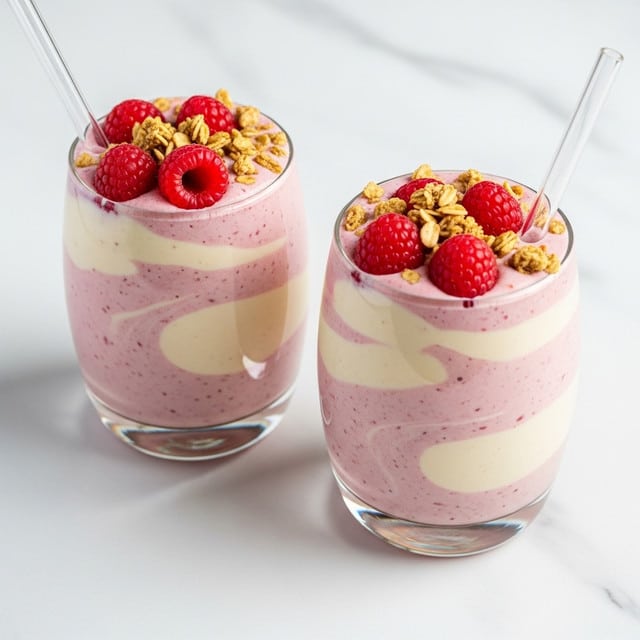 Two clear glasses sit on a white marbled surface, each filled with a swirled smoothie that has two main layers: a creamy off-white base and bright pink swirls mixed in both at the bottom and top, creating a soft marbled effect. On top of each smoothie is a layer of granola with small chunks and a few fresh raspberries placed as decoration. Clear straws stand inside each glass, angled slightly to the side. The background is a plain, light wall that contrasts with the colors in the drinks. photo taken with an iphone --ar 4:5 --v 7