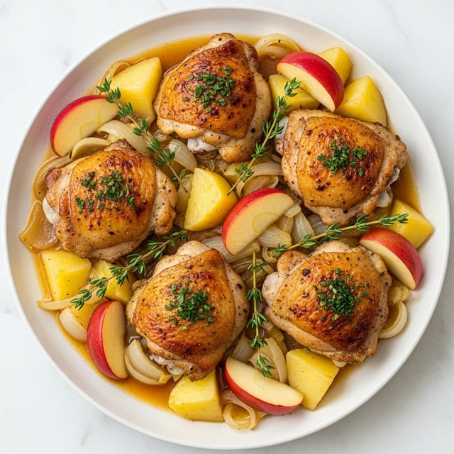 The image shows a white plate filled with four browned chicken thighs with crispy skin, each piece sprinkled with green herbs. The chicken rests on a bed of cooked onions that are soft and translucent, mixed with large chunks of light yellow potatoes. Around the chicken and vegetables are several small slices of red apple with the peel on. Fresh green thyme sprigs sit on top, adding a touch of brightness. The dish is surrounded by a light brown sauce that looks rich and glossy. The plate is set on a white marbled surface. Photo taken with an iphone --ar 4:5 --v 7