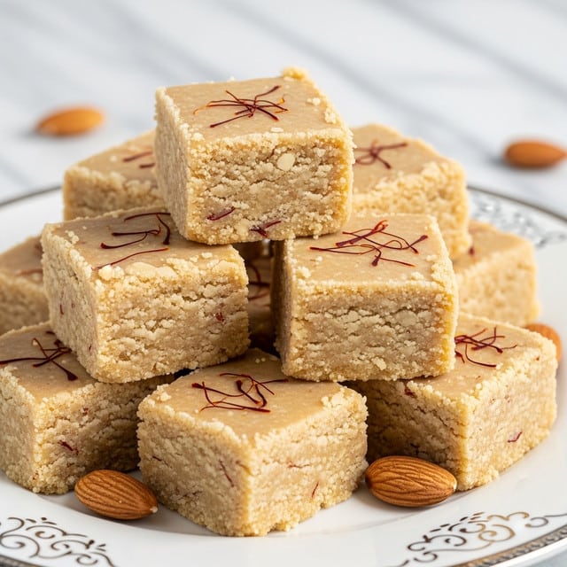 A close-up of a stack of creamy, light beige square pieces of sweet, with a crumbly texture and thin dark red saffron strands sprinkled on top of each piece. The sweets are arranged in a loose pile on a white plate with an ornate silver border, and a few whole almonds are scattered around the base. The background features a white marbled texture that softly contrasts with the sweets, highlighting their smooth, slightly grainy surface and subtle color variations. Photo taken with an iphone --ar 4:5 --v 7