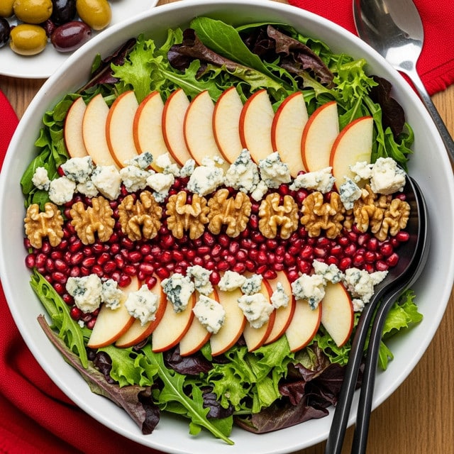 A white bowl filled with a fresh salad made of multiple layers: the bottom layer shows mixed green and red lettuce leaves with a crisp texture; on top, thin slices of red-skinned apple are spread evenly; crumbled blue cheese pieces are scattered across the salad, adding a creamy texture with blue-gray spots; small walnut halves are placed evenly, giving a rough, crunchy look; bright red pomegranate seeds add small pops of color; two black serving spoons are resting inside the bowl on the right side; the bowl is sitting on a wooden surface with a red cloth and a metal spoon nearby; in the upper left corner, a white plate holds mixed green and black olives. photo taken with an iphone --ar 4:5 --v 7