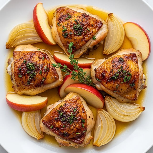 A white plate filled with four pieces of roasted chicken thighs with crispy, dark golden-brown skin, sprinkled with green herbs. Around the chicken pieces are several slices of cooked onions that look soft and translucent, along with chunky apple slices with red skin and pale yellow flesh. A sprig of fresh thyme is placed in the center of the dish, adding a touch of green. The whole dish is covered in a light brown sauce that gives it a shiny, appetizing look. Photo taken with an iphone --ar 4:5 --v 7