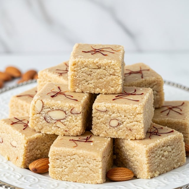 The image shows a pile of square-shaped sweets, each about two layers thick with a creamy beige color and a slightly grainy texture. The top layer is decorated with thin, scattered strands of saffron in a deep red color. The sweets are neatly stacked on a round white plate with an elegant silver edge featuring floral and swirl designs. Some whole almonds are placed next to the sweets, adding a light brown color contrast. The background is a white marbled texture. photo taken with an iphone --ar 4:5 --v 7