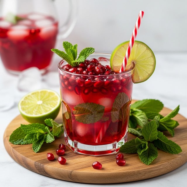 A clear glass filled with a red drink containing ice cubes and green mint leaves is shown, with a layer of bright red pomegranate seeds floating on top. A green lime slice is placed on the rim of the glass, and a red and white striped straw stands upright inside. The glass sits on a round wooden board, surrounded by scattered fresh green mint leaves and half a lime. In the blurry background, there is a pitcher with the same red drink and ice. The scene is set on a white marbled textured surface. photo taken with an iphone --ar 4:5 --v 7