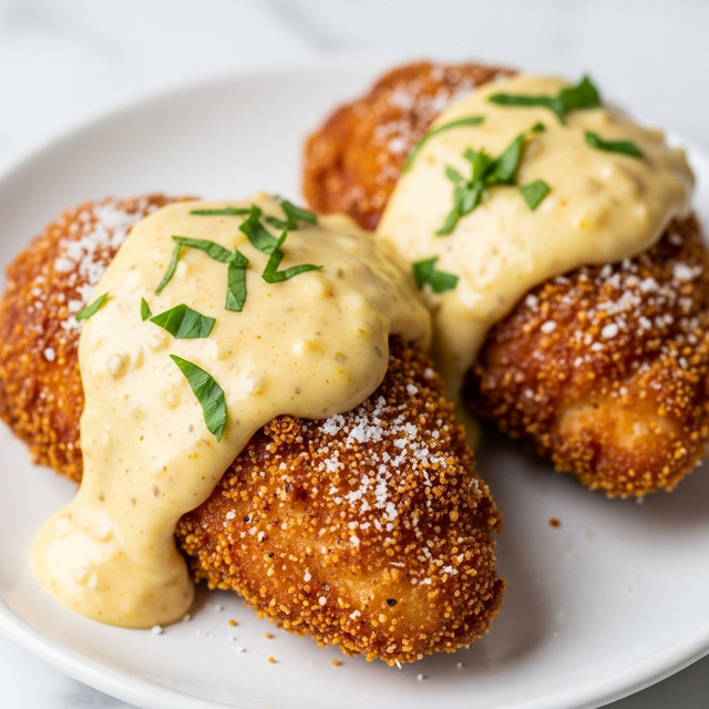 The image shows two pieces of crispy fried chicken placed next to each other on a white plate, set on a white marbled surface. Each piece has a golden brown, crunchy crust with a rough texture, sprinkled with coarse salt. On top of the chicken is a creamy yellow sauce with tiny reddish specks, smoothly drizzled and slightly dripping down the sides. Fresh green parsley leaves are scattered on the sauce and around the plate, adding a touch of bright green color. The focus is on the closer piece, while the one behind is slightly blurred. photo taken with an iphone --ar 4:5 --v 7