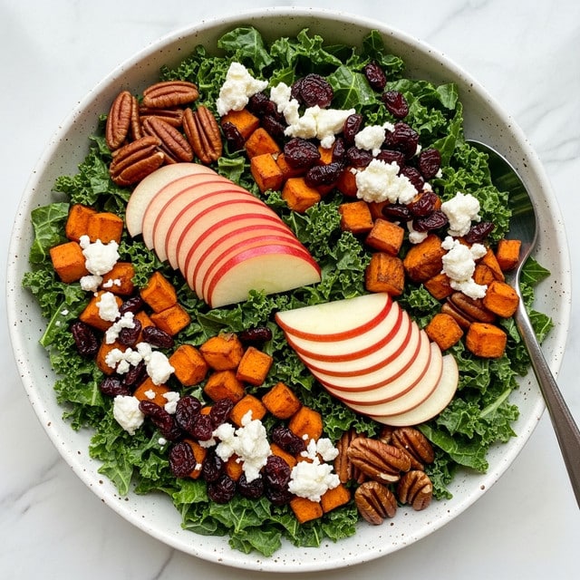A colorful salad is arranged in a round white bowl with a speckled pattern. The base layer is bright green curly kale spread evenly. On top, there are small, orange-roasted sweet potato cubes scattered throughout. Thin slices of red apple with their skins on are neatly placed in two curved groups. Large reddish-brown pecans are placed evenly around the salad, along with small, dark red dried cranberries. White crumbles of cheese are sprinkled across the top, adding contrast. The salad sits on a white marbled surface, and a spoon is partly visible on the right side. photo taken with an iphone --ar 4:5 --v 7