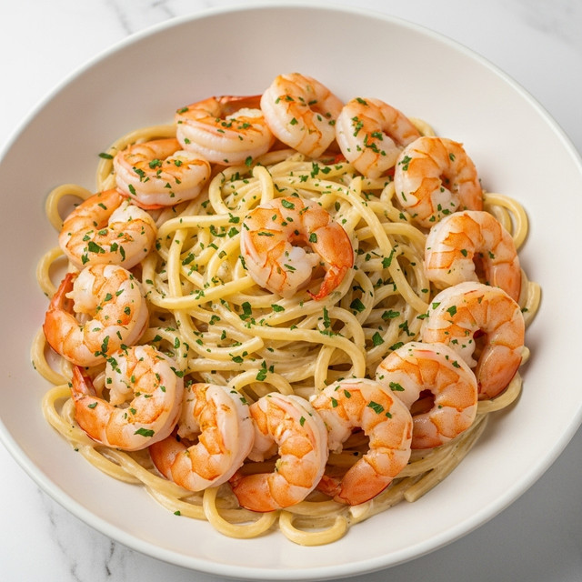 A white bowl filled with creamy pasta topped with about ten cooked shrimp arranged in a circle. The pasta strands are thick and coated in a glossy white sauce, with the shrimp having a pinkish-orange color and a slightly curled shape. Small green herb flakes are sprinkled evenly over the shrimp and sauce, adding a touch of color contrast. The bowl sits on a white marbled surface, and the close-up shot captures the creamy texture and fresh look of the dish. photo taken with an iphone --ar 4:5 --v 7