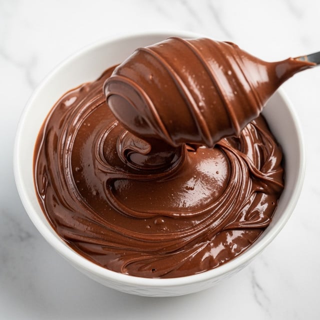 A white bowl filled with smooth, glossy chocolate spread, thick and creamy in texture, with swirls and waves showing where it has been stirred. A spoon inside the bowl lifts a dollop of thick chocolate that shines under the light, showing rich, deep brown colors. The bowl is set on a white marbled surface. photo taken with an iphone --ar 4:5 --v 7