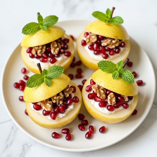 Four pear halves with light yellow skin, each filled with a layer of creamy white cheese at the base, topped with scattered dark red pomegranate seeds and small brown walnut pieces. Each pear half is garnished with a fresh green mint leaf on top. The pears are arranged on a white plate with more pomegranate seeds scattered around them. The plate sits on a white marbled surface. photo taken with an iphone --ar 4:5 --v 7