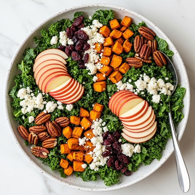 A large round bowl filled with a colorful salad sitting on a white marbled surface. The base layer consists of green curly kale leaves scattered evenly. On top, there are slices of red and white apples arranged in curved rows, and bright orange cubes of roasted sweet potatoes spread throughout. Dark brown pecan halves and small pieces of white crumbled cheese are sprinkled generously over the salad. Small red dried cranberries add pops of color scattered around the other ingredients, creating a vibrant mix of textures and colors. photo taken with an iphone --ar 4:5 --v 7