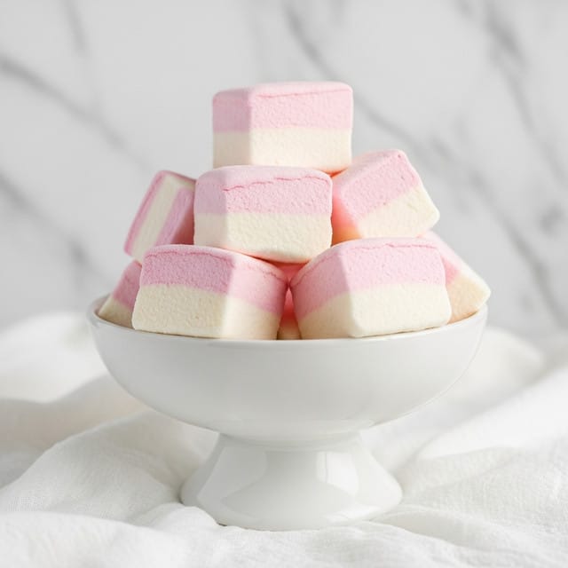 A white fluted pedestal bowl holds several large, square marshmallows with soft powdery surfaces; each marshmallow has two layers, one pale pink and the other creamy white. They are stacked casually, showing their soft and fluffy texture. The bowl is placed on a soft white linen cloth with gentle folds, all set against a white marbled texture background. photo taken with an iphone --ar 4:5 --v 7