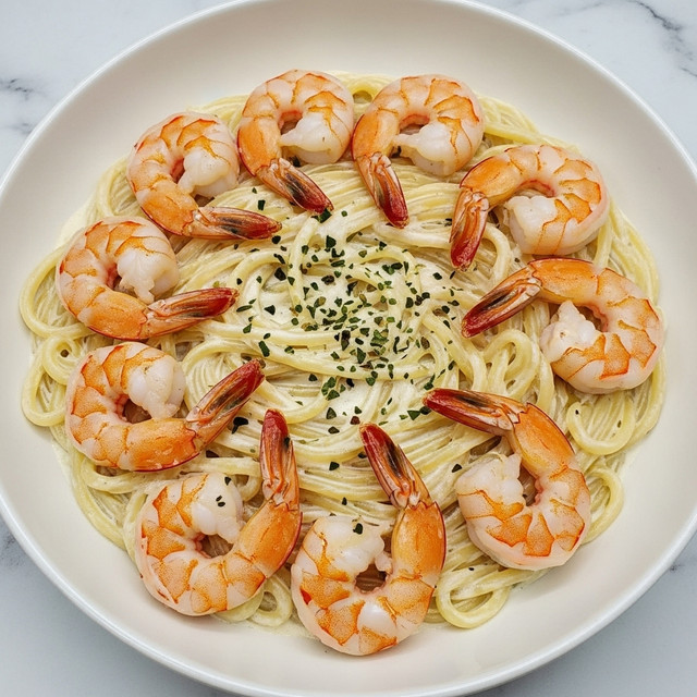 A white bowl filled with creamy pasta at the bottom, showing light yellow fettuccine noodles covered in a smooth, white sauce. On top, there are about ten medium-sized cooked shrimp with a light pink and orange color, arranged in a loose circle. The shrimp have a slight shine and are sprinkled with small green herb pieces and a few black pepper flakes for contrast. The bowl sits on a white marbled surface. photo taken with an iphone --ar 4:5 --v 7