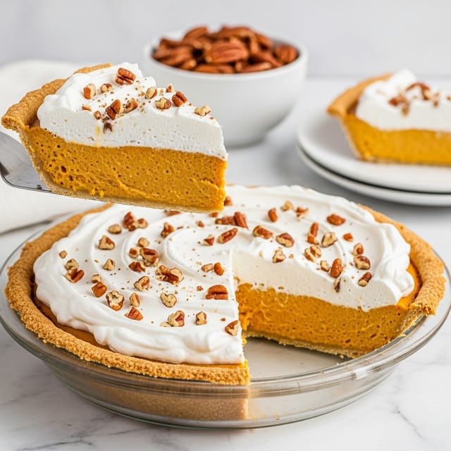 A slice of smooth, bright orange pumpkin pie with a thick golden brown crust is being lifted from a clear glass pie dish. The pie has a fluffy white whipped cream layer on top, speckled with chopped nuts, adding texture and a touch of brown color. A mound of whipped cream with chopped nuts decorates the remaining pie in the dish. In the background, there is a white bowl filled with pecans and another slice of pumpkin pie on a white plate, all set on a white marbled surface. photo taken with an iphone --ar 4:5 --v 7