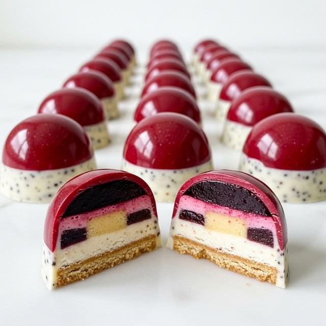 The image shows a row of small dome-shaped chocolates on a white marbled surface. Each chocolate has two main layers: the top half is a shiny, smooth deep red color, while the bottom half is white with tiny black specks, creating a creamy look. One chocolate is cut in half and placed in the front center, showing three internal layers: the top layer is a dark red jelly, the middle is a creamy white filling, and the bottom is a thin golden brown biscuit base. The chocolates are arranged in neat rows stretching back evenly. photo taken with an iphone --ar 4:5 --v 7