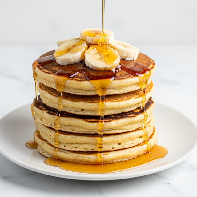A stack of five thick, golden-brown pancakes with a slightly crispy edge sits on a white plate placed on a white marbled surface. The pancakes have a soft, fluffy texture and are topped with five round slices of fresh banana arranged in a small cluster. Amber-colored syrup is generously poured over the top, flowing down the sides and pooling around the base of the stack, creating a shiny glaze. Photo taken with an iphone --ar 4:5 --v 7
