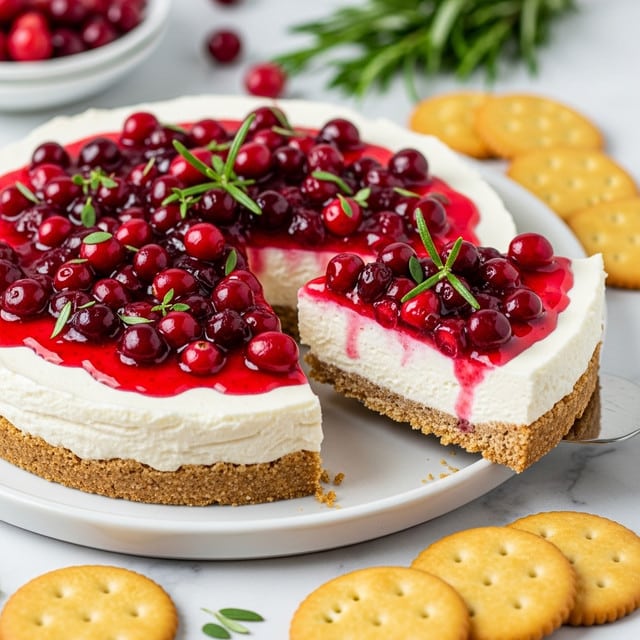 A white dish holds a creamy three-layer tart, with a crunchy light brown crust at the bottom, a thick smooth white cheese layer in the middle, and a glossy bright red cranberry topping with whole berries and syrup spread unevenly on top. Fresh green rosemary sprigs and small herb leaves decorate the top, adding color contrast. One slice is cut out, showing the thick creamy layer inside. Around the dish are round golden brown crackers on a white marbled surface, with blurred red cranberries and green herbs in the background. Photo taken with an iphone --ar 4:5 --v 7