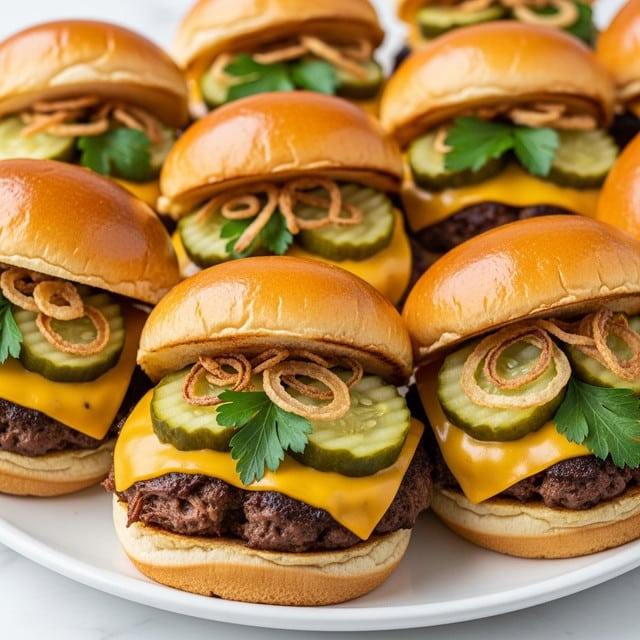 The image shows a white plate filled with multiple small burgers arranged close to each other. Each burger has three main layers visible: the bottom bun is soft and light colored, the middle layer consists of dark, saucy pulled meat topped with a slice of bright yellow cheese that is slightly melted, and several green pickle slices sitting on the cheese. Crispy thin fried onion strips and fresh green parsley leaves are scattered over the pickles. The top bun is golden brown, shiny, and soft, slightly pressed down on the fillings. The plate sits on a white marbled surface. photo taken with an iphone --ar 4:5 --v 7