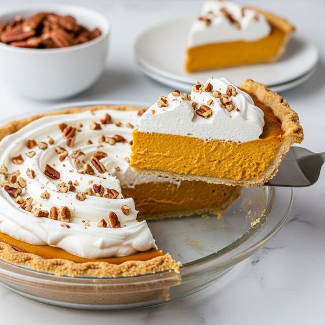 A slice of bright orange pumpkin pie with a golden-brown crust is being lifted from a glass pie dish. The pie has three layers: the bottom crunchy crust with crimped edges, the smooth and rich orange pumpkin filling in the middle, and a thick layer of light beige whipped cream on top, sprinkled with small chopped pecans. In the background, more pie slices sit on a white plate, with a pile of pecans on a white plate nearby. The whole scene is set on a white marbled surface. Photo taken with an iphone --ar 4:5 --v 7