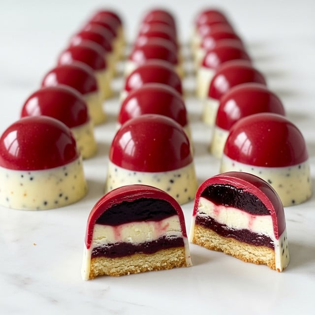 The image shows neat rows of dome-shaped chocolates with a shiny, smooth red top layer and a white base layer. One chocolate in the center is cut in half to show four distinct layers inside: a thin red glossy top layer, a thick deep purple jelly-like layer below it, followed by a creamy off-white middle layer with tiny black specks, and a crumbly light brown bottom layer. The chocolates are arranged evenly on a white marbled surface with a pale grey background, creating a clean and elegant look. Photo taken with an iphone --ar 4:5 --v 7