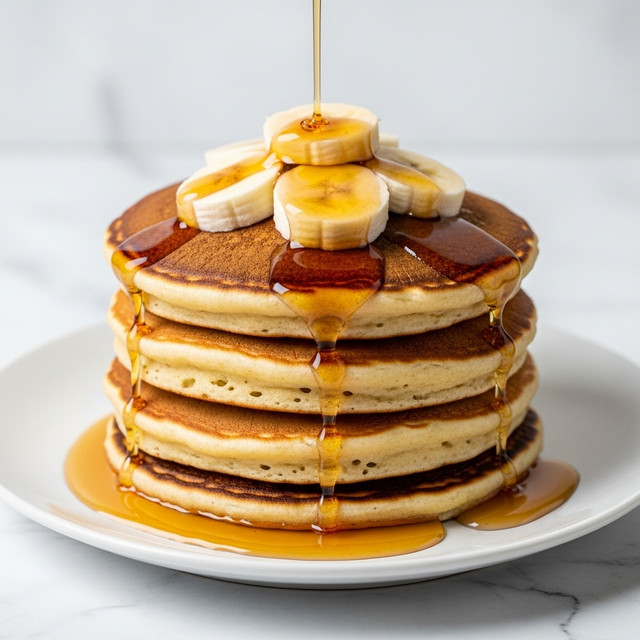 A tall stack of six golden-brown pancakes sits on a white plate, each pancake thick and fluffy with slightly crisp edges. The pancakes are layered evenly, with glossy amber syrup slowly dripping down from the top layer onto the sides and pooling around the base. On the very top, five round banana slices are neatly placed, their pale yellow color contrasting with the warm tones of the pancakes and syrup. The background features a soft, out-of-focus white marbled texture, adding a clean and bright feel to the image. photo taken with an iphone --ar 4:5 --v 7