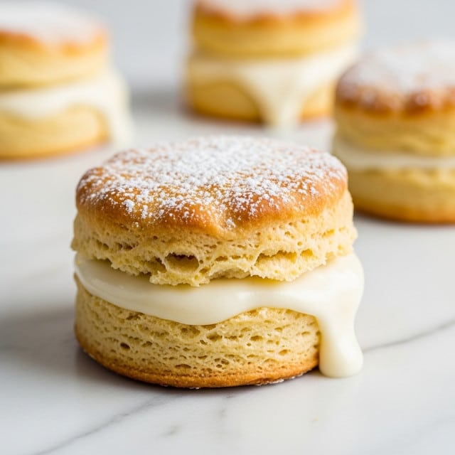 The image shows a close-up of a biscuit sandwich on a white marbled surface. The biscuit has two layers: a golden-brown top layer with a slightly rough, flaky texture, lightly dusted with powdered sugar, and a golden-brown bottom layer that looks soft. Between the biscuit layers is a thick, creamy white filling that is smooth and slightly dripping down the side. In the background, two more similar biscuit sandwiches are softly blurred. Photo taken with an iphone --ar 4:5 --v 7