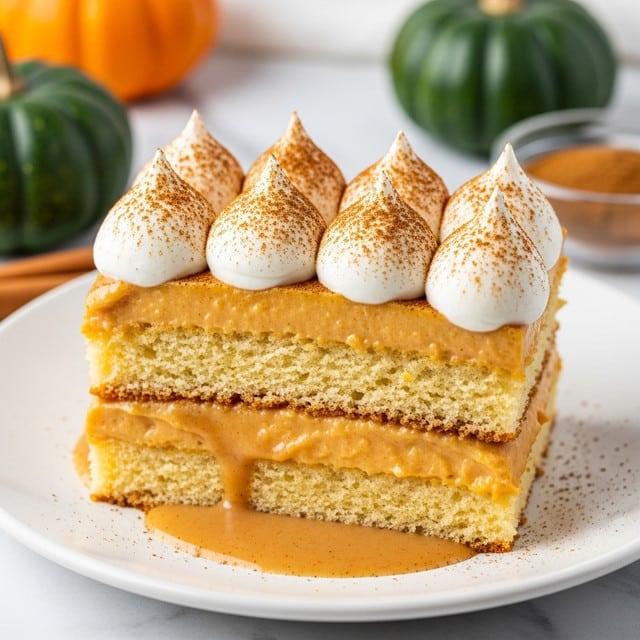 A close-up view of a slice of layered dessert on a white plate, featuring two thick sponge cake layers soaked with a light brown sauce, separated by a rich creamy orange layer. On top, there are eight dollops of white whipped cream dusted with a fine layer of cinnamon powder, giving them a warm brown color. The texture looks soft and moist, with the bottom sponge layer visibly soaked but holding shape. The background shows a white marbled surface with small green pumpkins and a dish of cinnamon powder nearby, giving a cozy fall vibe. Photo taken with an iphone --ar 4:5 --v 7