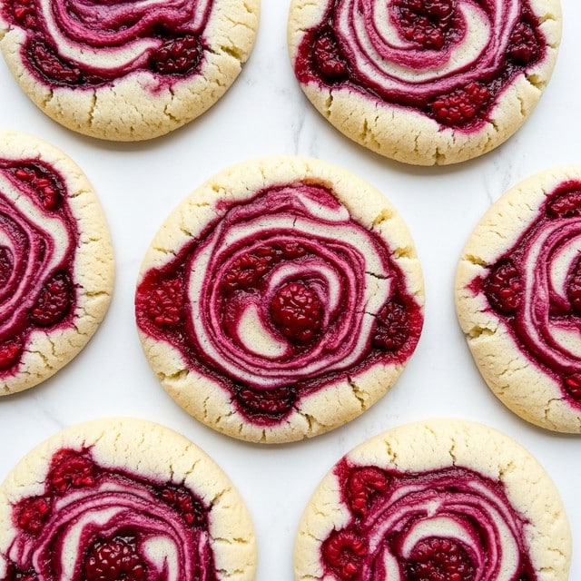 The image shows several round cookies with a light beige base and swirls of dark pink-red berry sauce mixed in on top. Each cookie has about one layer of dough that is soft and cracked in some places, with the berry sauce creating uneven spiral shapes and small berries embedded in it. The cookies are placed on a white marbled surface that looks smooth and clean. The berry sauce colors vary from deep red to bright pink, contrasting with the pale cookie dough. photo taken with an iphone --ar 4:5 --v 7