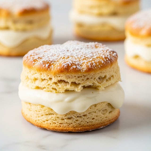 The image shows three round cream buns arranged on a wooden board lined with parchment paper. Each bun has two layers: a golden brown, soft top half dusted with powdered sugar, and a lighter, fluffy bottom half. Between the two layers is a thick, creamy white filling that looks smooth and rich. In the background, there is a fine mesh sieve resting on a light cloth and a glass cup with milk, all placed on a surface with a white marbled texture. The scene is warm and inviting, with natural light highlighting the texture of the buns and cream. photo taken with an iphone --ar 4:5 --v 7