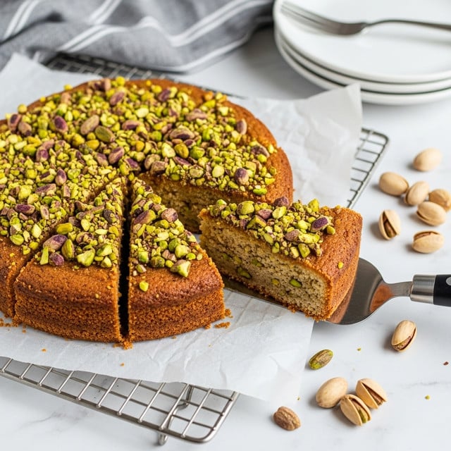 A round, golden-brown pistachio cake cut into six triangular slices sits on crumpled white parchment paper over a wire rack on a white marbled surface. The top layer is thickly covered with chopped pistachios in green and brown shades, giving the cake a crunchy texture. The inside of the cake is dense and speckled with pistachio bits, showing a lighter yellowish-green color. Some pistachios are scattered around the cake on the paper. A metal spatula lifts one slice from the bottom right, showing the cake’s crumbly edge and tight texture. A folded striped cloth is placed nearby, along with the edge of a white plate visible at the top right corner. photo taken with an iphone --ar 4:5 --v 7