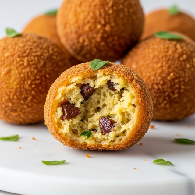A close-up image of several golden brown fried balls with a crispy, textured outer layer. One ball is broken open in the front, showing a moist, soft inside with a pale yellow color and small brown cooked bits scattered throughout. The fried balls rest on a white marbled surface with a small sprinkle of green herbs around them, adding a touch of color. The overall lighting highlights the crunchiness and warmth of the food. Photo taken with an iphone --ar 4:5 --v 7