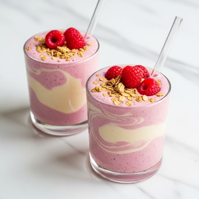 Two clear glass cups sit on a white marbled surface, each filled with a creamy smoothie that has two visible layers swirled together: a light pink layer and a pale cream layer. The swirls create a soft marbled look inside the glasses. Each cup is topped with fresh raspberries and a sprinkle of granola, adding texture and color contrast on top. A clear straw is placed in each glass, angled outward, making the drink look ready to enjoy. Photo taken with an iphone --ar 4:5 --v 7