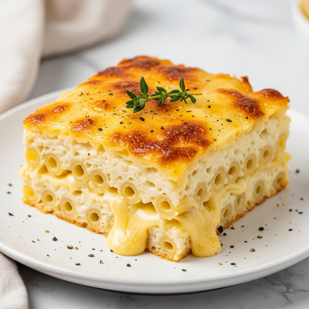 A square piece of baked macaroni and cheese sits on a white plate, showing three visible layers of creamy, cheesy pasta with a beautiful golden-brown top crust that is slightly crispy and browned in spots. The top layer is textured with melted cheese spots that have darkened from baking, and a small sprig of fresh green thyme rests on top. The melted cheese inside is light yellow and gooey, oozing slightly at the edges, and small black pepper specks are scattered around the plate. The background has a white marbled texture with a soft cream-colored cloth nearby. Photo taken with an iphone --ar 4:5 --v 7