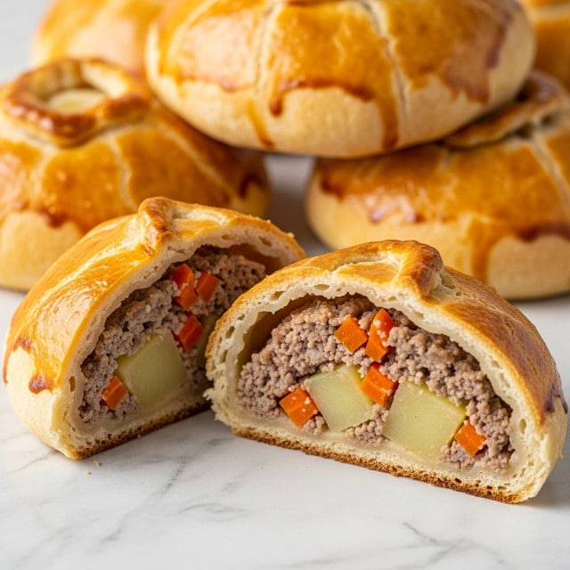 The image shows several golden brown baked pastries with a glossy crust on a white marbled surface. One pastry is cut open, revealing three inside layers: the outer layer is a flaky, shiny golden crust, the middle layer is a soft, slightly crumbly bread, and the innermost layer is a mixture of cooked ground meat, small pieces of orange carrot, and light-colored potato chunks. The pastries are round with folded edges, and the photo is focused on the open one in the front. Photo taken with an iphone --ar 4:5 --v 7