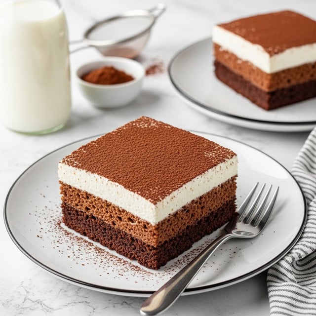 The image shows a square slice of three-layered chocolate dessert on a white plate with a thin dark rim. The bottom layer is a moist, rich chocolate cake with a slightly soaked texture. Above it is a thick, smooth layer of white cream, topped with a dusting of fine cocoa powder covering the entire surface evenly. A silver fork rests on the plate next to the slice. In the background, there is a white marbled textured surface with a second piece of the dessert on another white plate, a glass bottle of milk, a small white bowl with cocoa powder, and a sieve. A striped cloth is partially visible near the plate. Photo taken with an iphone --ar 4:5 --v 7