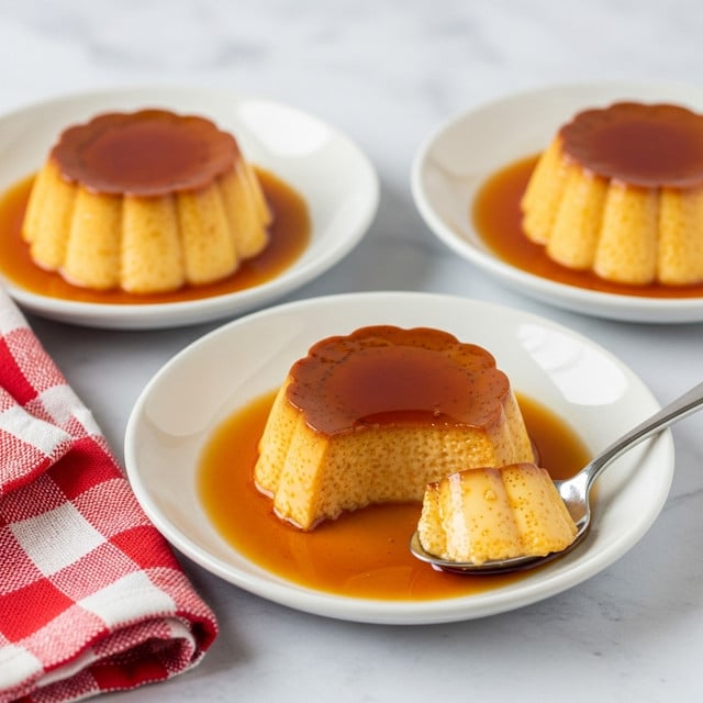The image shows three servings of smooth caramel flan on white shallow dishes, each flan having a glossy, golden brown top layer with a soft, creamy caramel body underneath. Each flan has rounded edges with subtle ridges coming from the mold shape, sitting in a pool of rich amber caramel sauce that spreads evenly on the white marbled surface. In the closest dish, a spoon rests partly under the flan, slightly lifting its edge, reflecting the caramel glaze texture. A red and white checkered cloth is placed next to the front dish. The background is a white marbled texture. photo taken with an iphone --ar 4:5 --v 7
