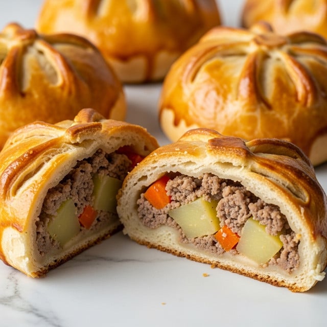 The image shows soft, golden brown stuffed buns with a shiny surface on a wooden plate. One bun is cut in half, revealing three layers inside: a light golden outer dough layer, a middle layer of juicy brown cooked ground meat mixed with small pieces of orange carrot and some green herbs, and a slightly fluffy inner dough layer surrounding the filling. Behind the cut buns, there is a wooden plate holding four more whole buns. The scene is set on a white marbled surface with a white and blue checkered cloth partially visible and a small wooden bowl with crushed red seasoning blurred in the background. photo taken with an iphone --ar 4:5 --v 7