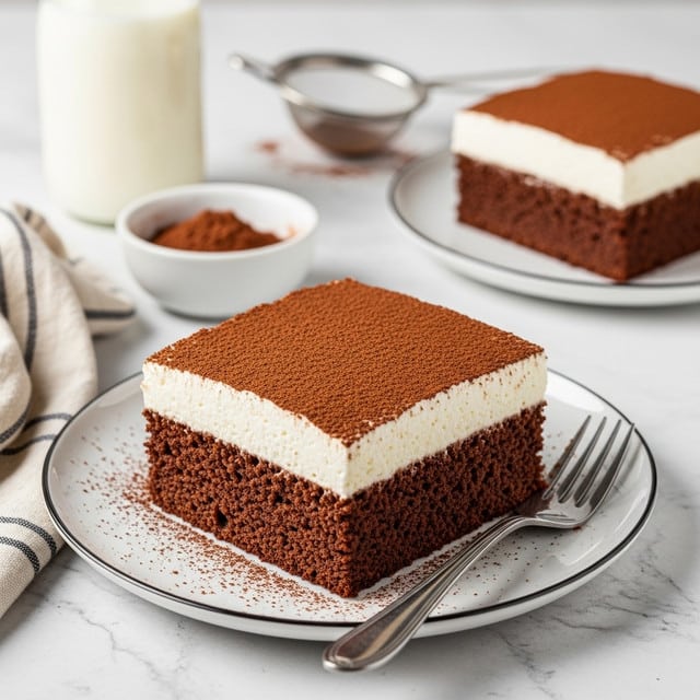 A single square piece of chocolate cake sits on a white plate with a thin dark rim. The cake has three clear layers: the bottom layer is a rich, moist chocolate cake, the middle layer is a lighter, creamy chocolate filling, and the top layer is thick white whipped cream dusted evenly with cocoa powder. A silver fork rests on the plate beside the cake. In the background, there is a bottle of milk, a bowl filled with cocoa powder, and a mesh sieve on a white marbled surface, with a blurred second piece of cake visible on another white plate. photo taken with an iphone --ar 4:5 --v 7