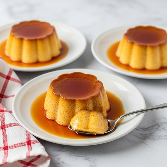 The image shows three panna cotta desserts placed on white round dishes with a shiny caramel sauce covering and pooling around each dessert. The panna cotta has a smooth and glossy texture with a light brown color, shaped like a small dome with ridged sides. The caramel sauce is a deeper amber color, thick and glossy, sitting evenly around the base of each panna cotta. A silver spoon rests inside the closest dish, slightly lifting the edge of the panna cotta. The surface beneath the dishes is a white marbled texture, and part of an orange and white checkered cloth is visible in the bottom left corner. photo taken with an iphone --ar 4:5 --v 7