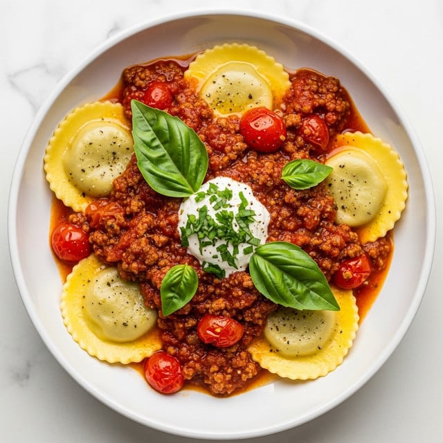 A white round bowl filled with a rich tomato meat sauce, chunky with browned ground meat and small pieces of cherry tomatoes, covering most of the surface. Four large ravioli pieces with a pale yellow color sit evenly spaced around the edges. In the center, there is a dollop of white cream or cheese topped with finely chopped green herbs, and two fresh basil leaves, one larger and one smaller, sit on top. The sauce has a slightly oily, glistening texture with some black pepper sprinkled. The bowl is placed on a white marbled surface. Photo taken with an iphone --ar 4:5 --v 7