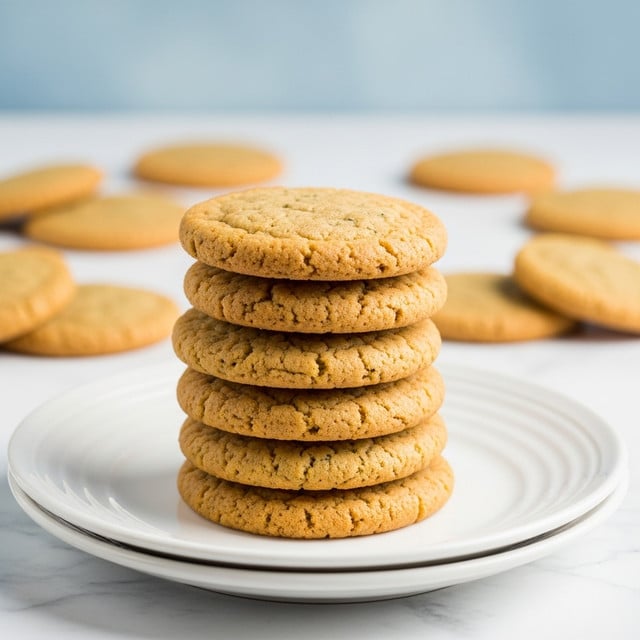 A stack of eight round golden-brown cookies with a slightly rough texture is placed on a white plate with gentle curved edges. Each cookie is thick and uniform in size, showing tiny specks of ingredients in the dough. The stack is centered, and in the blurred background, more cookies lie scattered on a white marbled surface with a soft blue backdrop. The lighting highlights the warm, baked color of the cookies. photo taken with an iphone --ar 4:5 --v 7