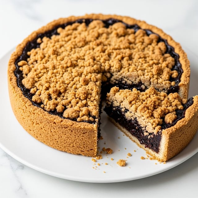 A round pie with a thick golden brown crust on the outside and a dark, rich filling inside is displayed on a white plate, placed on a white marbled surface. The pie has a rough topping made of small crumbly pieces that cover the entire top, giving it a textured look. One slice is cut out, showing a thick layer of dark fruit or chocolate filling beneath the crumbly top, with the crust forming a sturdy border around the edges. There are some crumbs scattered on the plate near the cut slice. Photo taken with an iphone --ar 4:5 --v 7
